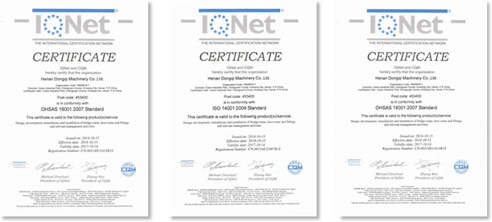 Dongqi Crane ISO Certifications