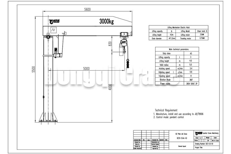 3 ton Pillar Jib Crane Drawing for United Kingdom